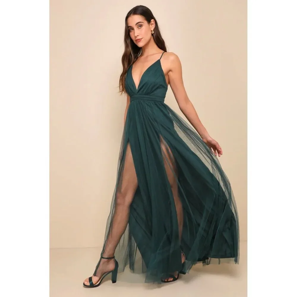 Lulus Rare Beauty Green Tulle Backless Full Length Size Large Adjustable Straps - Picture 3 of 10